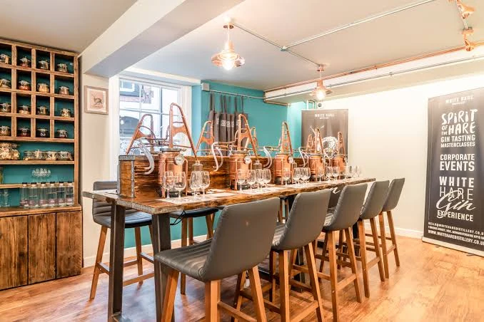 White Hare Distillery masterclass room with individual copper stills