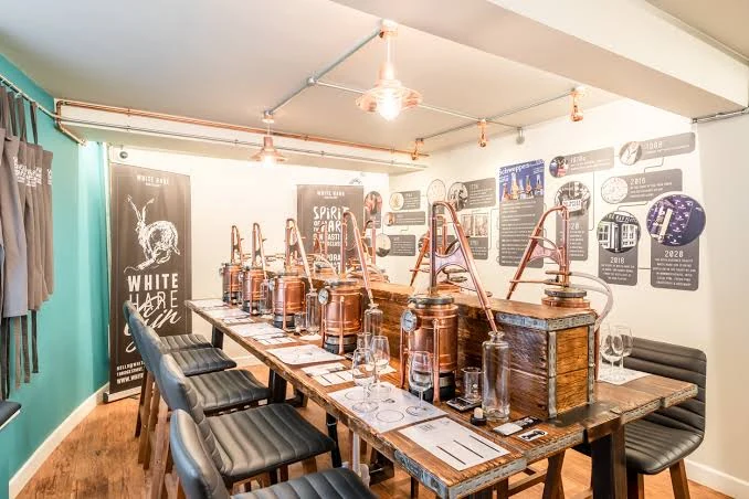 Copper stills inside White Hare Distillery